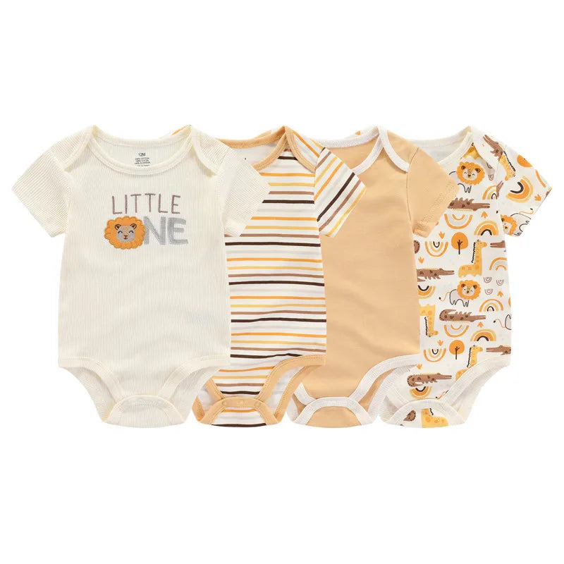 Kiddiezoom 4pcs Fashion Short Sleeve Cartoon Baby Boy Girl Bodysuit 100% Cotton Newborn Boy Girl Onesies Clothes
