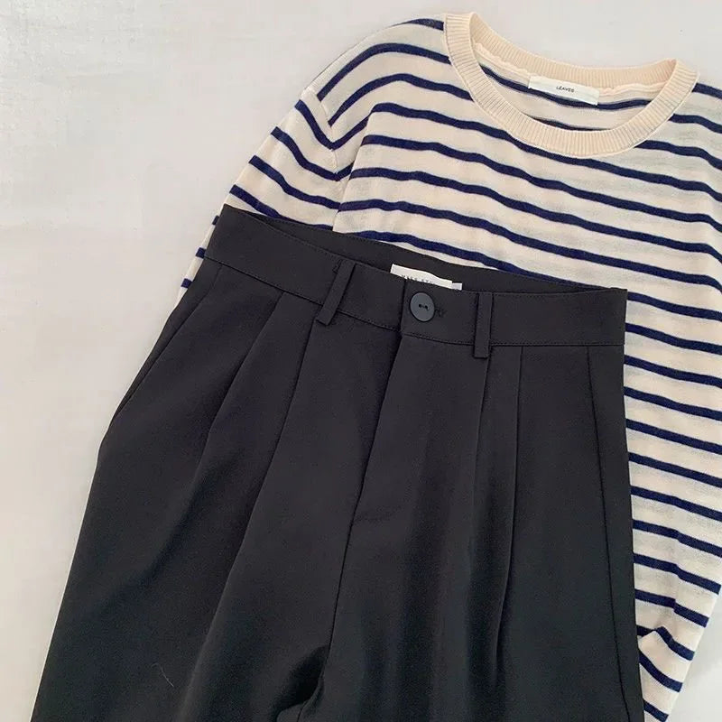 Fanan Casual Suit Pants Women Korean Fashion High Waist Office Straight Pants Woman All-match Streetwear Loose Wide Leg Trousers