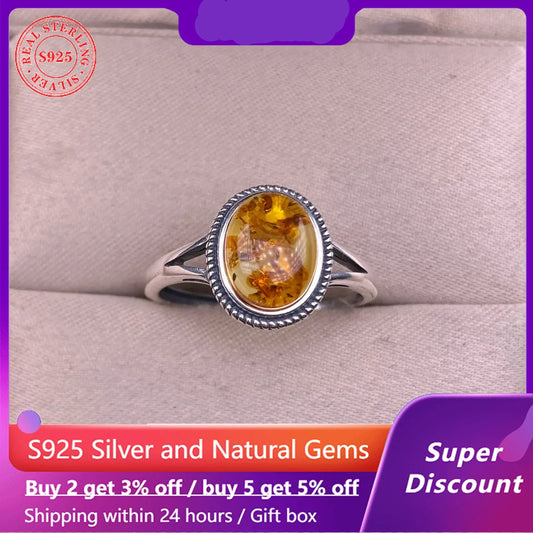 925 Silver Amber Man Ring Natural Amber Jewelry, Organic Gemstone with Inclusions, Handmade Vintage Resin Fossil Ring for Women