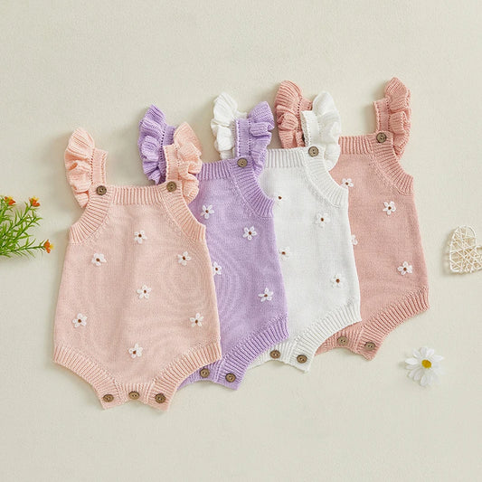 Baby Girl Clothing Summer Knit Romper Floral Embroidery Sleeveless Suspender Ruffle Bottom Snap Button Cotton Jumpsuits
